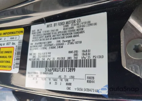 2020 Ford Fusion Hybrid Titanium z USA, uszkodzony, nr VIN 3FA6P0RU7LR113899